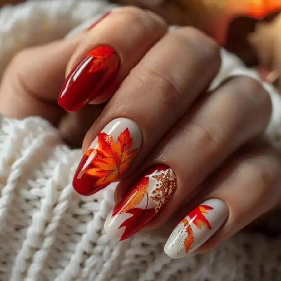 

24Pcs Almond Long Press On Nails, Autumn Winter Red Maple Leaf, Strong Adhesion Comfortable, Party Gift For Women