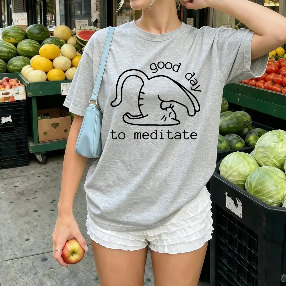 Minimalist Line Art Cat Print T Shirt Women Good Day To Meditate Graphic Tees Casual Round Neck Loose Cotton Meditation Blouse
