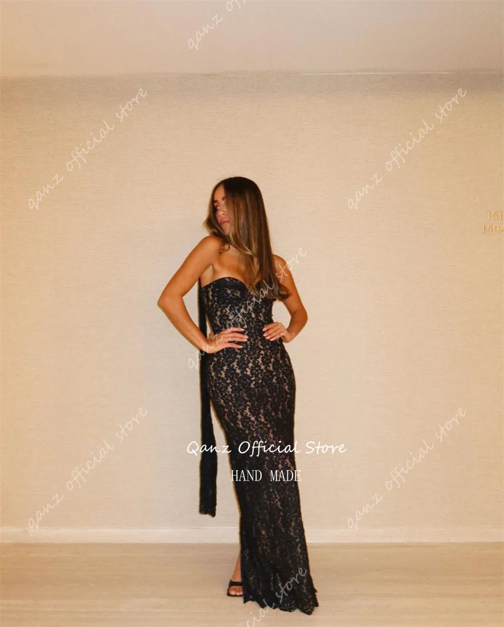 Qanz-até o chão vestidos de noite para mulheres, renda cheia, corset back, vestidos de sereia, vestidos elegantes, preto, 2021