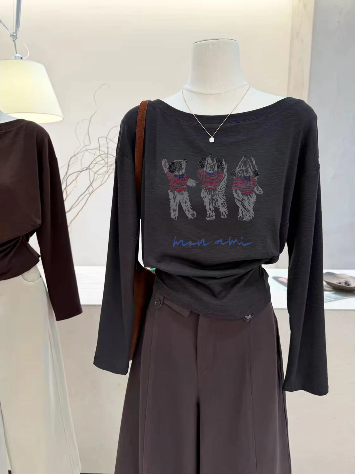 Loose Long Sleeve T-Shirt Women's Casual round Neck Design Sense Bottoming Shirt Lazy Style Top Animal Pattern Creative Design