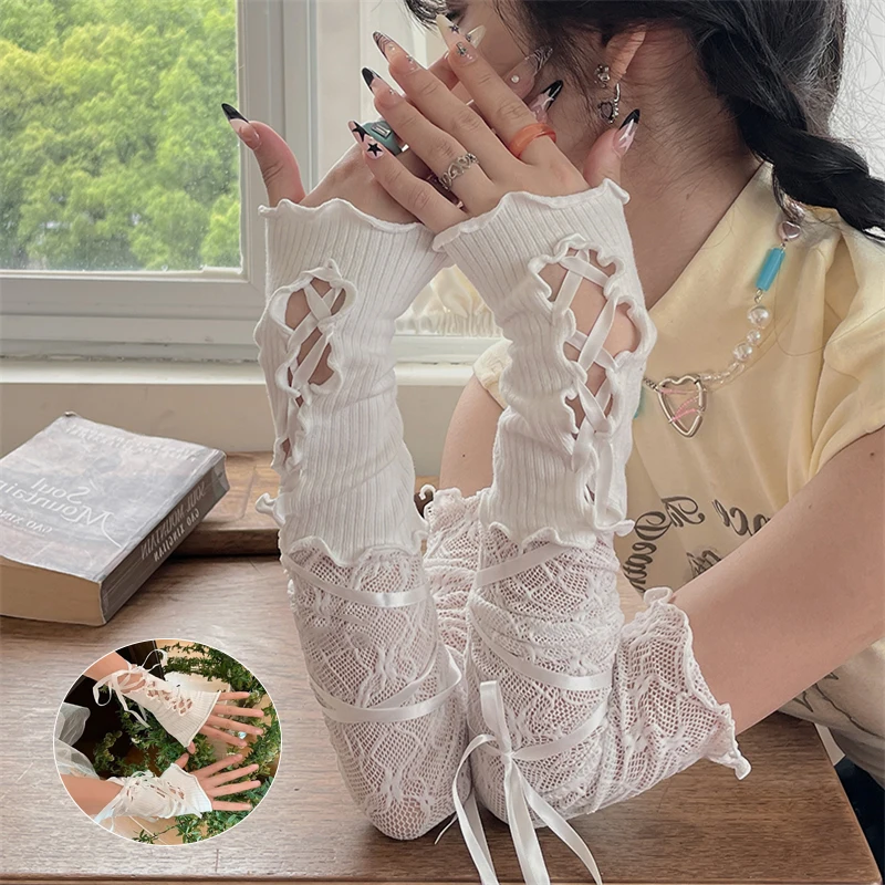 Neue heiße Damen DIY Schnür-Sonnenschutzhandschuhe Spitze Fingerlose Heiße Sexy Armstulpen Elastische Netz-Punk-Handschuhe Bekleidungszubehör