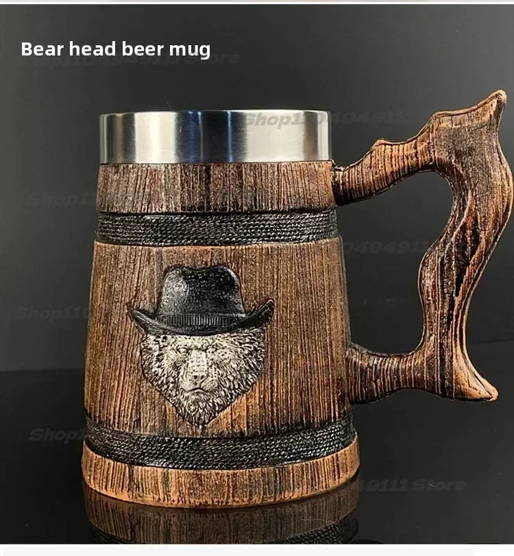 

580ml Lion Tiger Wooden Barrel Drinking Cup 3D Stainless Steel Mug Resin Beer Stein Tankard Coffee Tea Cup Halloween Gift Bar