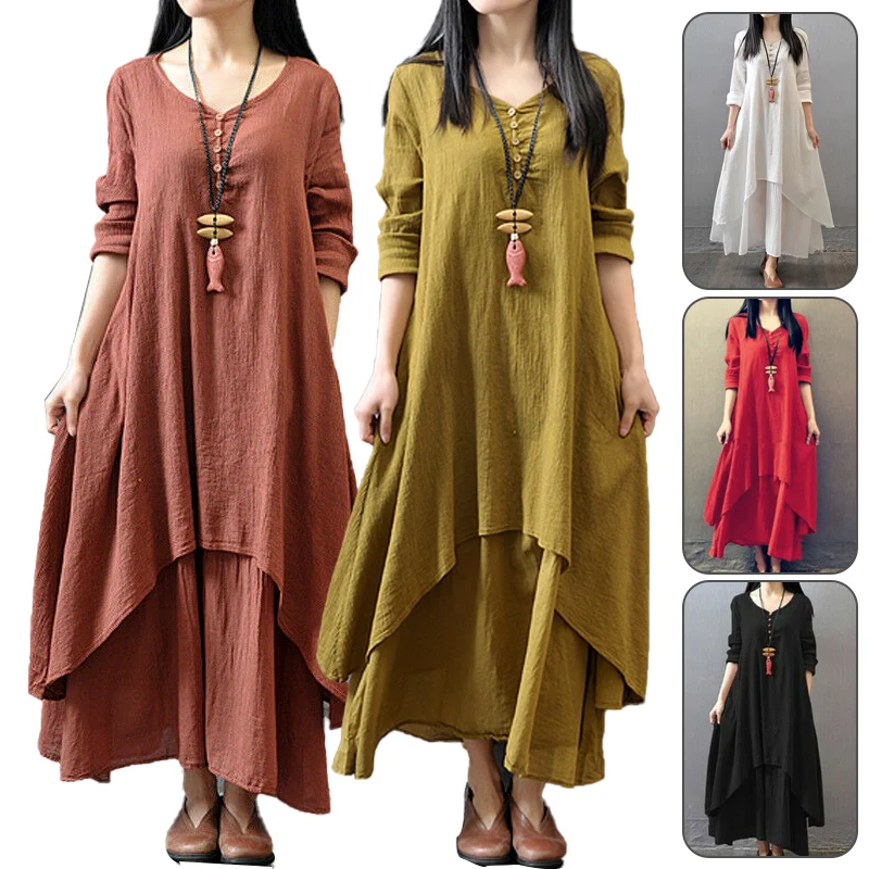 Summer Women Linen Dress  Gypsy Maxi Boho Vintage Kaftan Loose Dress Fake Two-piece Literary Irregular Large Swing Dress Robe