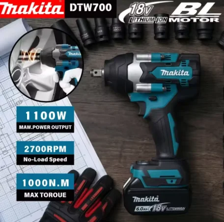 Makita DTW700 18V 1/2 Inch Brushless Impact Wrench 700Nm/1000Nm 4-Mode Power Tool for Auto Repair Heavy-Duty Use