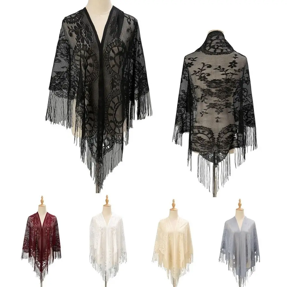 Tassel Patchwork V-Neck Cardigans Women Vintage Shawl Party Dinner Top Scarf Shawls Mesh Cloak Capelet Fringes