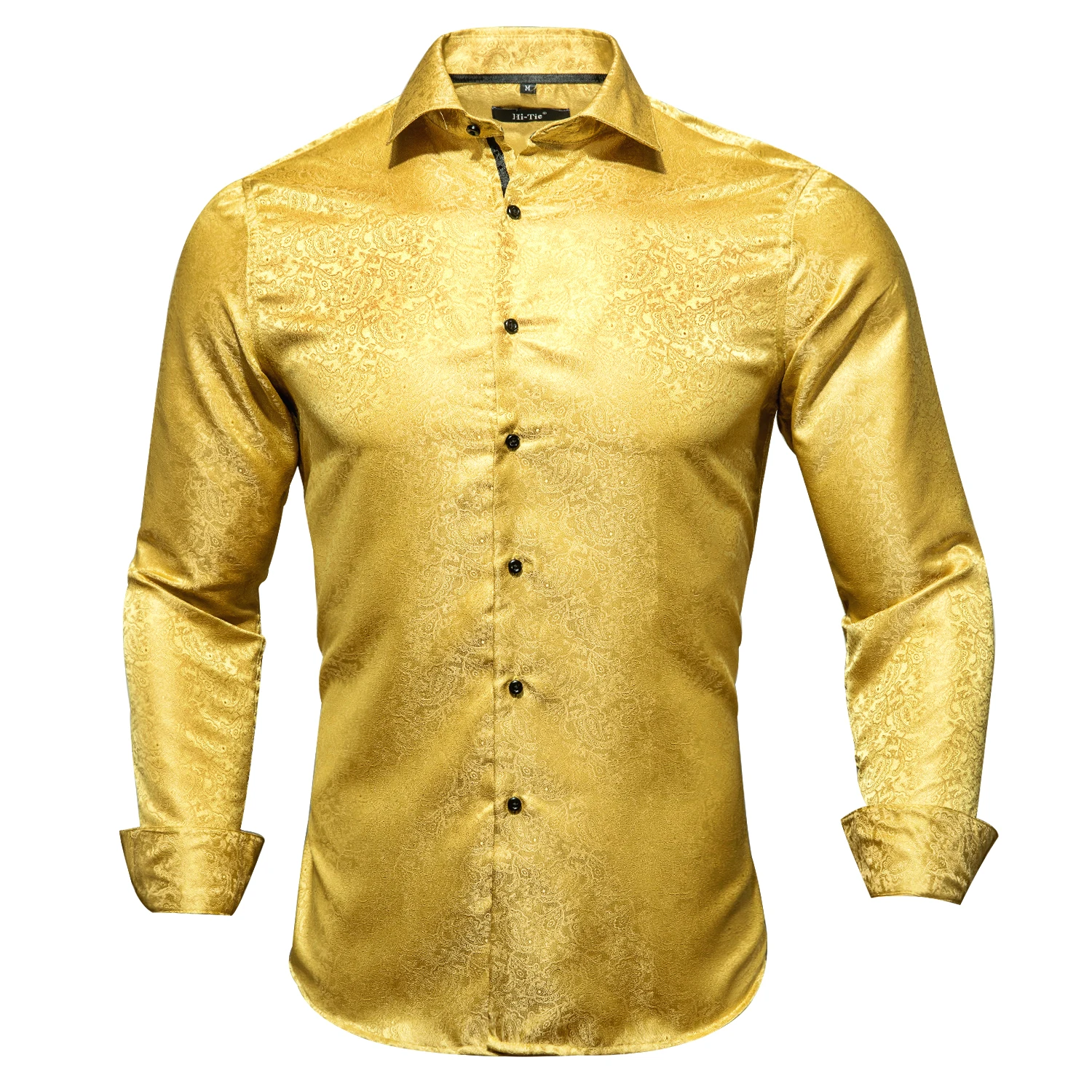 Hi-Tie Luxury Gold Silk Mens Shirts Blouse Jacquard Long Sleeve Male Clothing Casual for Groom Wedding Business Event Oversized