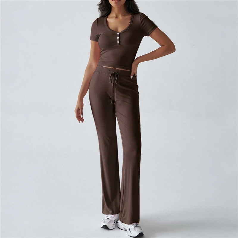 Feminino 2 peça outfits primavera verão casual cor sólida colheita manga curta henley camisa e cordão queimado calças conjunto streetwear