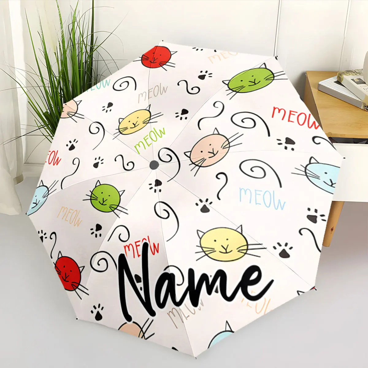 Custom Name Bright and Cheerful Cat Umbrella Design for Rainy Days 8 Iron Ribs Folding Umbrella Auto-Open Fashion Sunshade