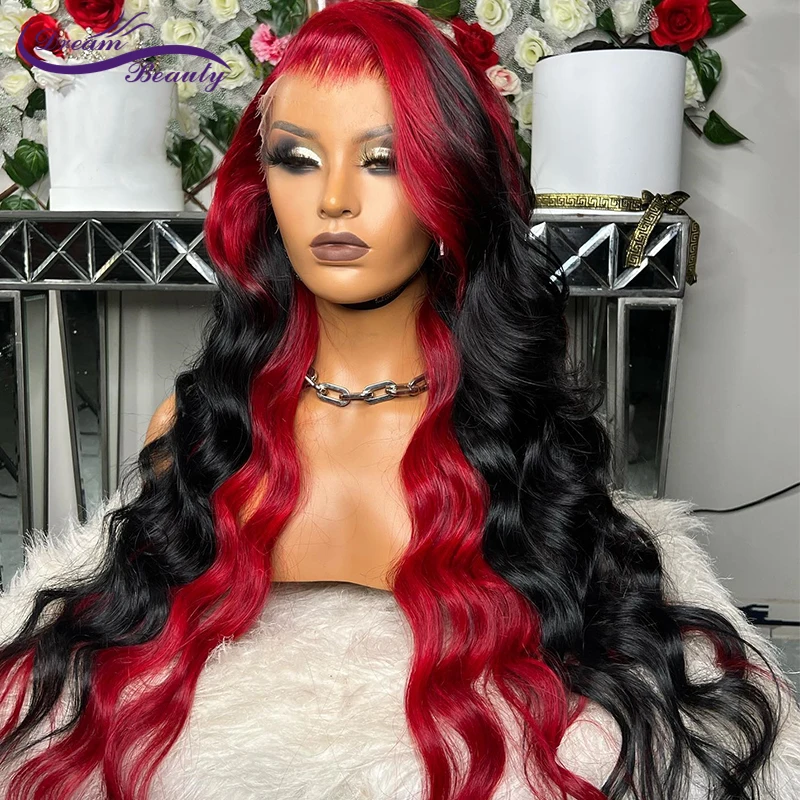 

Ombre Red Colored Human Hair Wigs For Women Red Highlight Lace Closure Wigs Wavy 180% Brazilian Remy Colored 13*4 Lace Front Wig