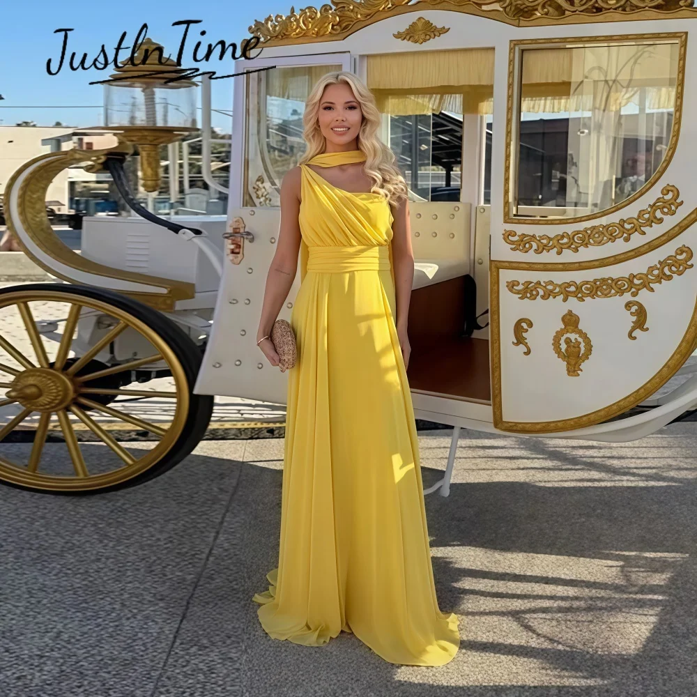 JUSTLNTIME Elegant One Shoulder A-Line Evening Dress Halter Ribbons Open Back Yellow Chiffon 2026 Customized Vestidos De Festa