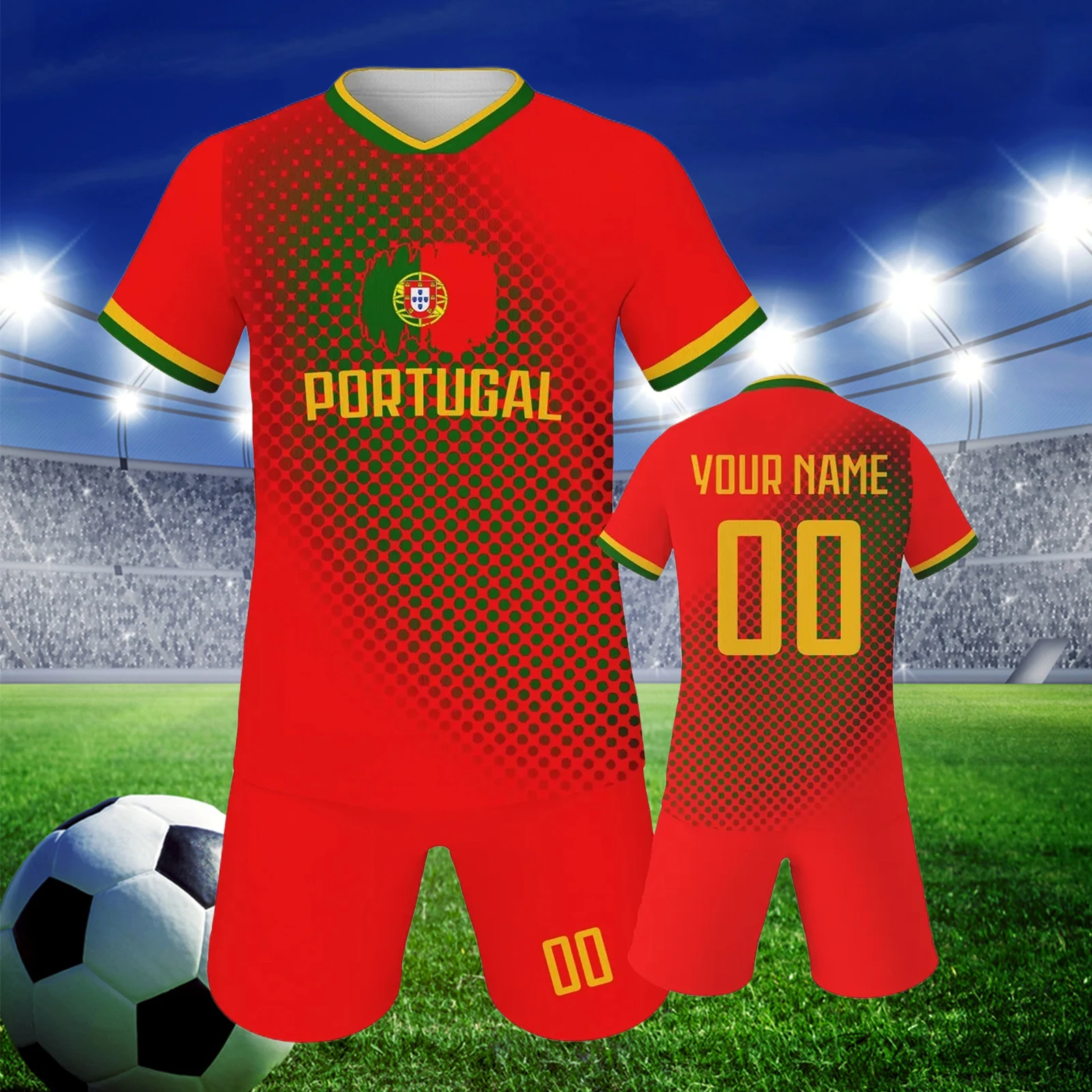 Portugal Custom Soccer Jersey Shorts Kit National Team Kids Football Shirt Personalized Name Number Uniform for Boys Girls Fans