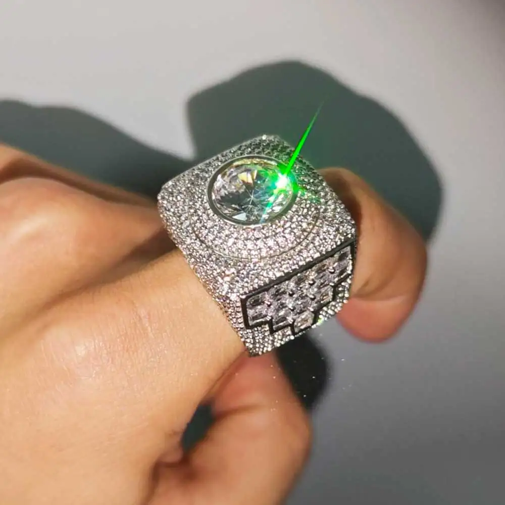 Hip Hop Bling Iced Out Men Square Ring Full Micro Pave 5A CZ Zircon Large Round Center Stone Rapper Ring Party Jewelry