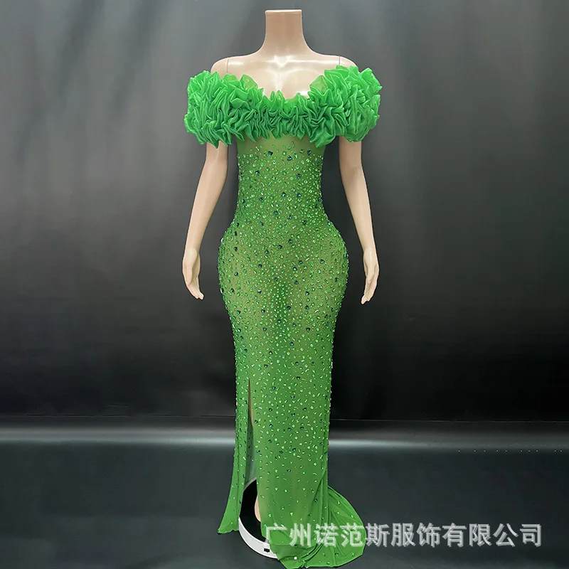 Temperament One-word Shoulder Senior Green Fishtail Dress Banquet Host Performance Clothes Model Catwalk Trendy Clothes Vestidos