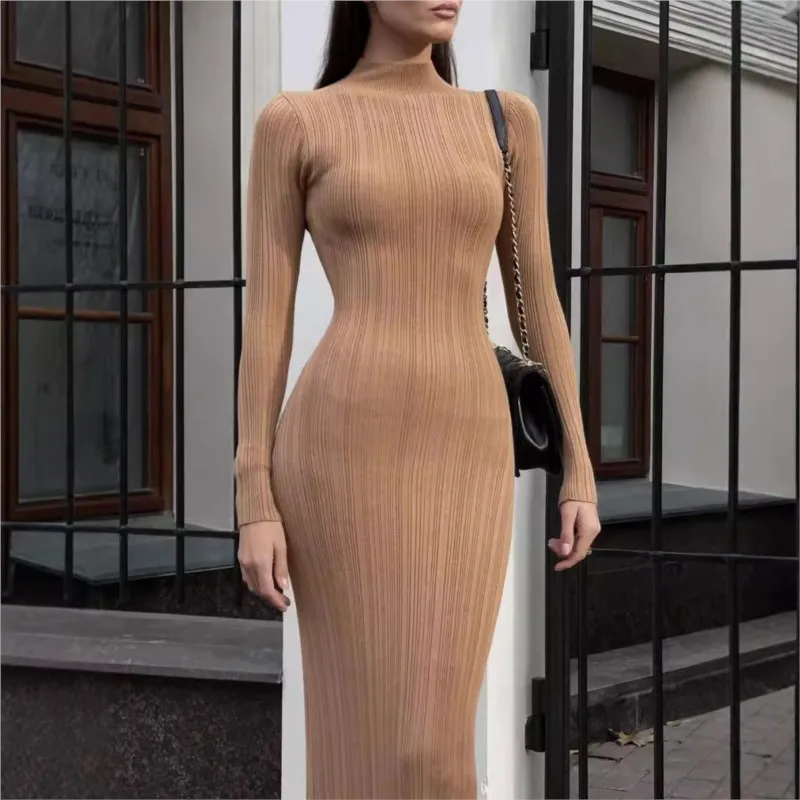 

Autumn Winter Long Sleeved Knitted Dress High Neck Tight Fitting French Elegant Base Striped Sweater Frock Vestidos Para Mujer