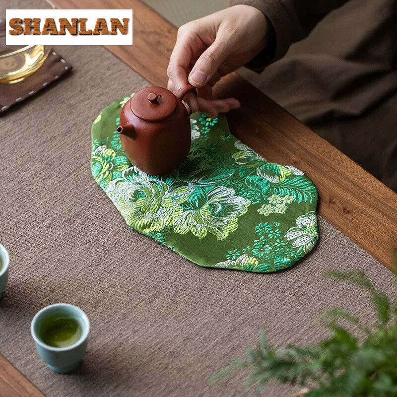 Chinese Weaving Brocade Tea Table Flag Dry Soaking Teable Mat Embroidered Double Sided Tea Rag Cloth Tea Ceremony Accessories