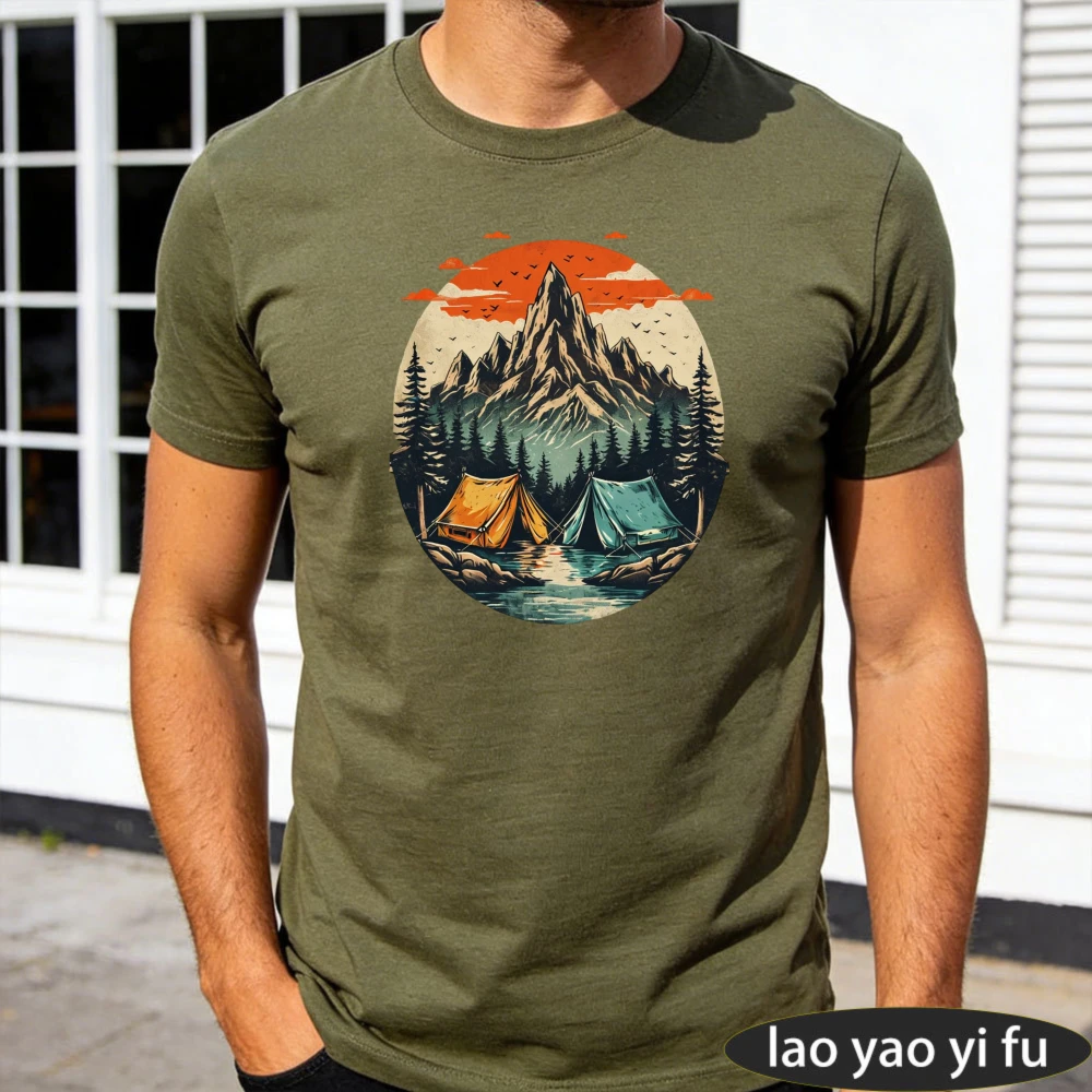 Circular Mountain Range Tent River Graphic T Shirt Men Heather Grey Tee Vintage Camping Scene Print Top Summer Trekking Outdoor