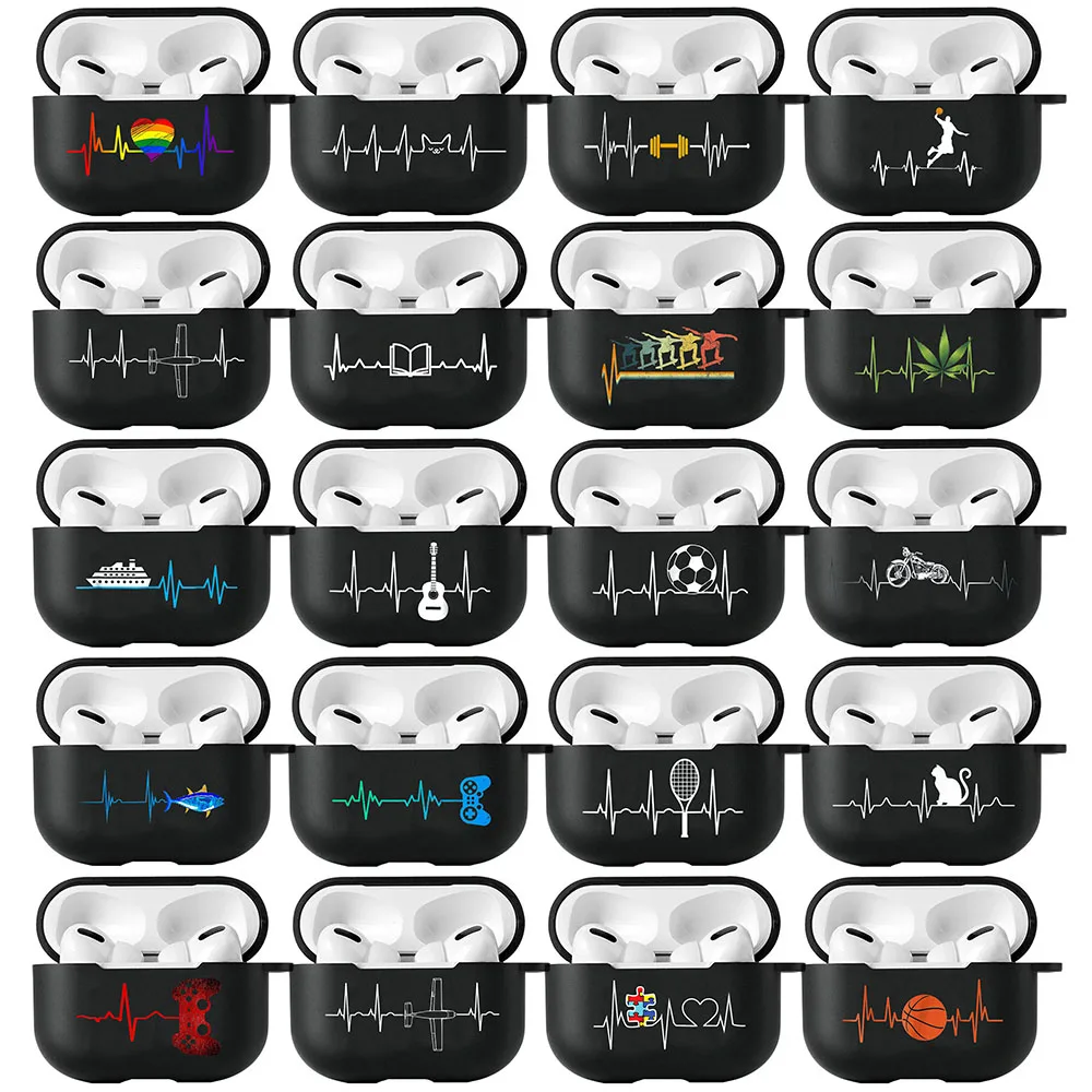 Heartbeat Line Football Basketball Cat Airpods Case for AirPods 3 2 1 Pro Black Wireless Bluetooth Earphone Box Love Cover