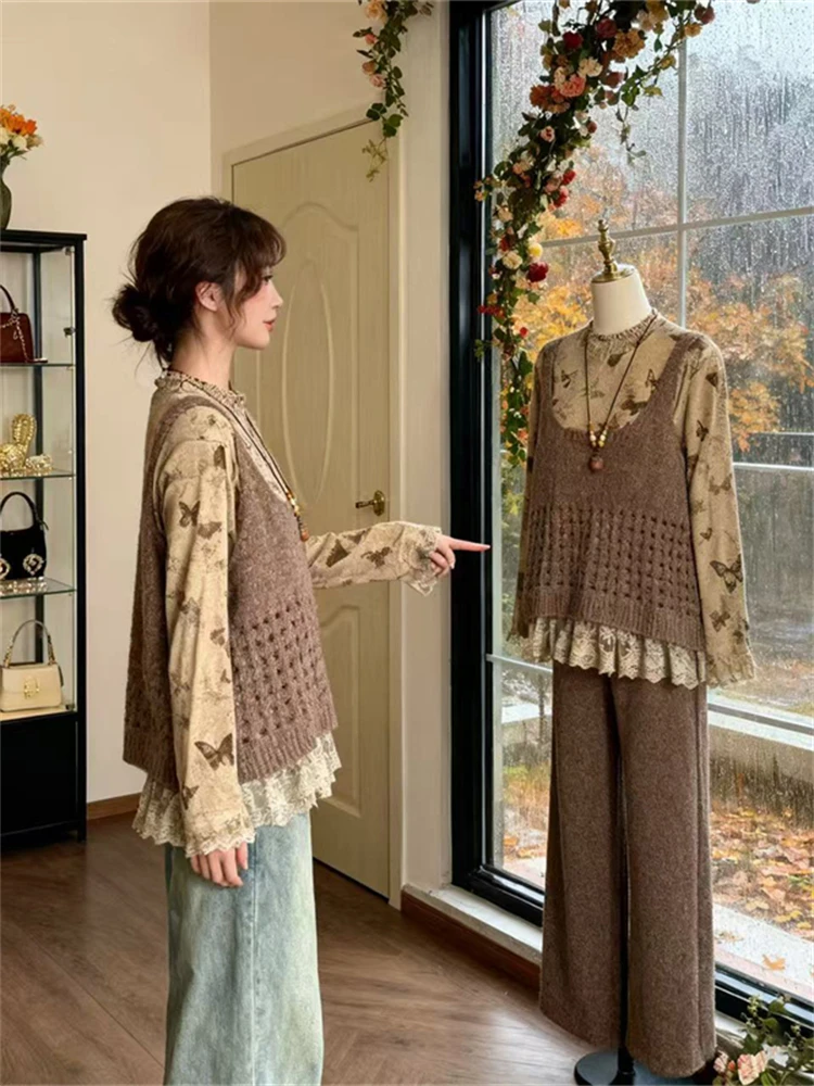 

Retro Sle Print Top And Hollow out Vest Women's Faion Set Early Autumn New Arrival High Waist Long Pants