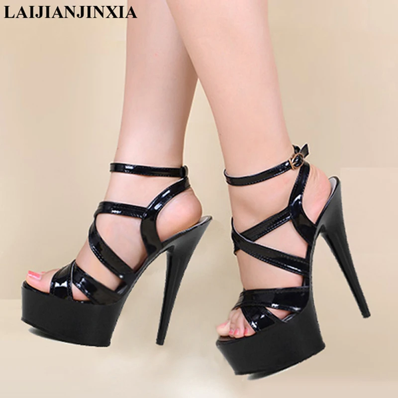 

LAIJIANJINXIA New PU Sexy Exotic Pole Dancing Shoes Summer Women Sandals 15CM High Heels Buckle Strap Size 34-46 H369