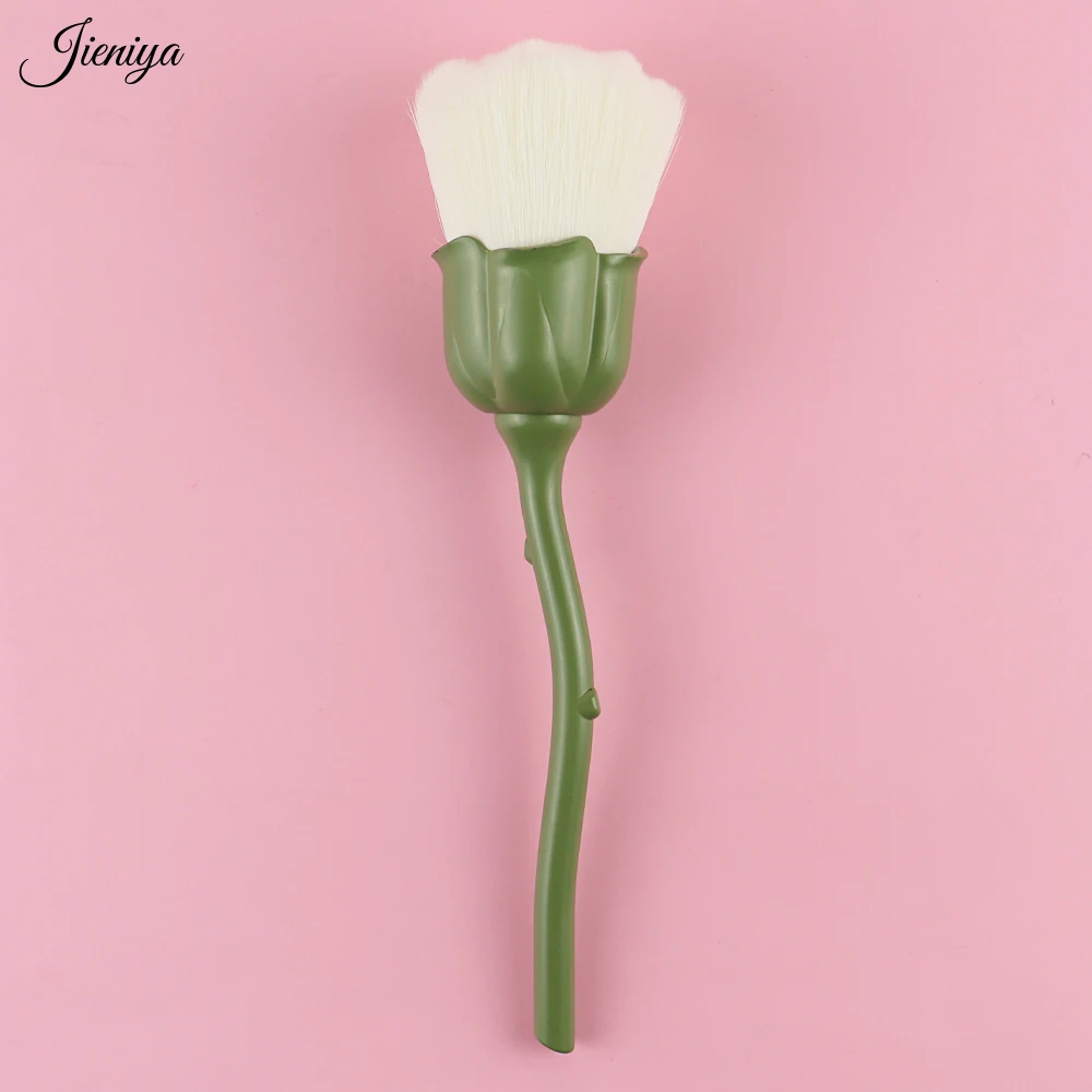 3 PCS Popular Green Matte Acrylic Handle Rose Flower Design White Nylon Nail Cleaning Brush Manicure Dust Removal Brush