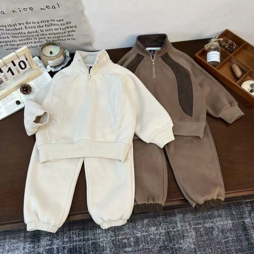 

Children's ins Colour Collision Corduroy Sweater Set Autumn Winter Boys Girls Fashion Collar Sweater Sweatpants Two-piece Set