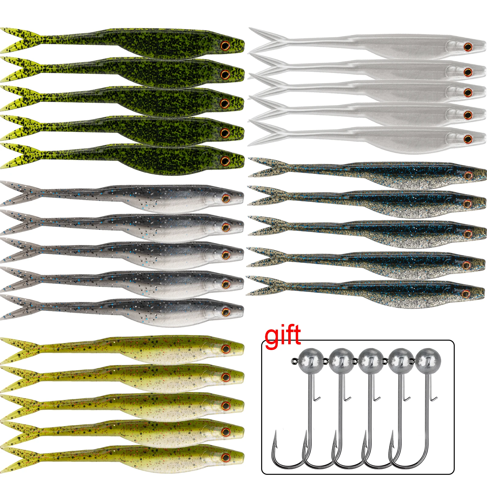 25pcs Fork Tail Fishing Soft Lures Kit 3.5in Plastic Swimbaits For Texas Rig Drop Shot Rigs Jig Head Rig Wobbler Artificial Bait