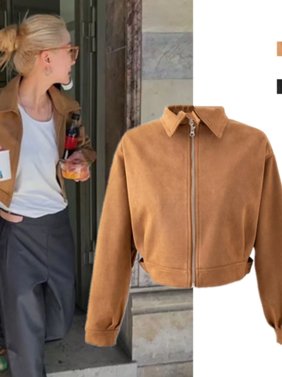 

Ретро American College Sle ort Jaet Молния Свободная замшевая повседневная верхняя одежда Street Sle Pure Color Long Sve Straight Cut