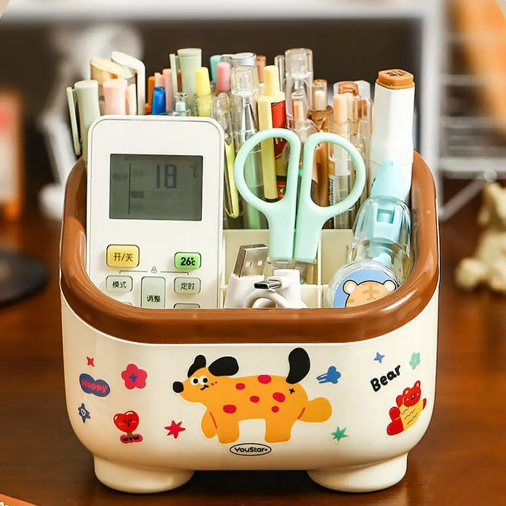 Cute Multi Grid Penholder Cartoon Pattern with Stickers Stationery Box Large Capacity Table Storage Box