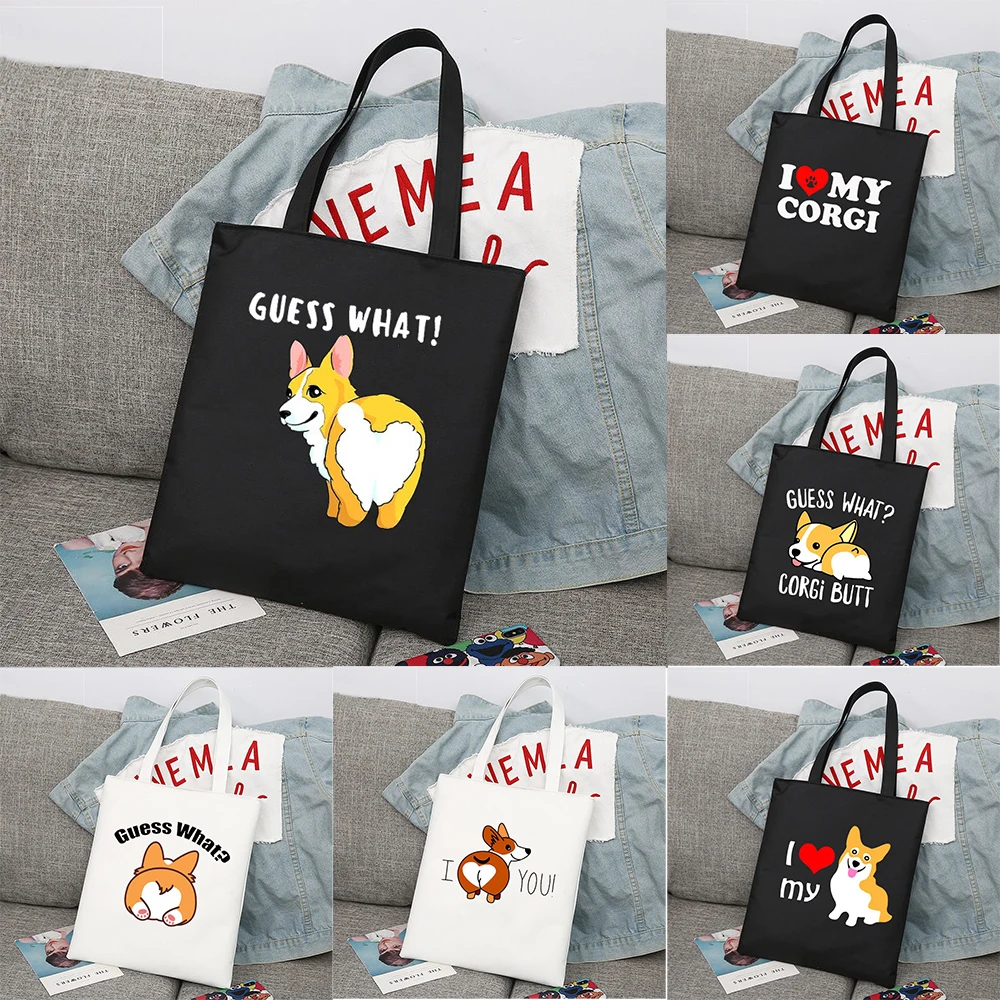 

Cute Corgi Dog Cartoon Style Printed Canvas Tote Bag Portable and Durable Suitable for School Shopping and Commuting