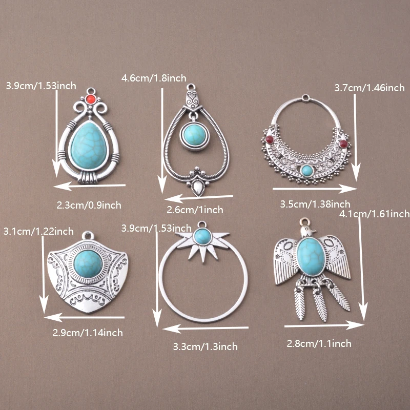 10pcs vintage style Antique Silver Color Alloy Imitation turquoise stone Heart Water Drop Round Leaf Charms Jewelry Pendants