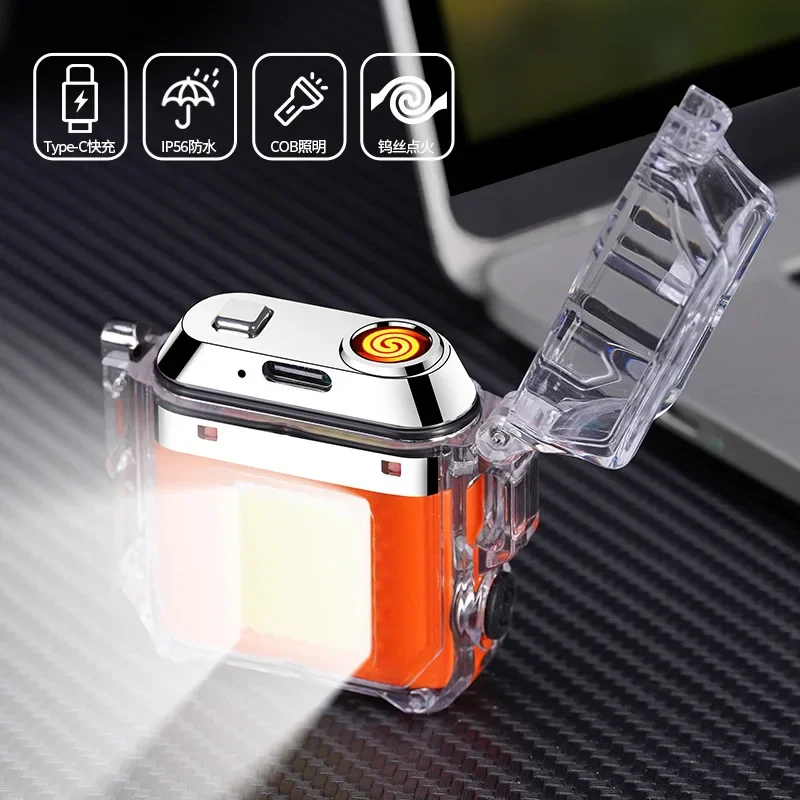 Portable Rechargeable Electronic Lighter Outdoor Waterproof Windproof Work Light Mini LED Flashlight Flameless Lighter