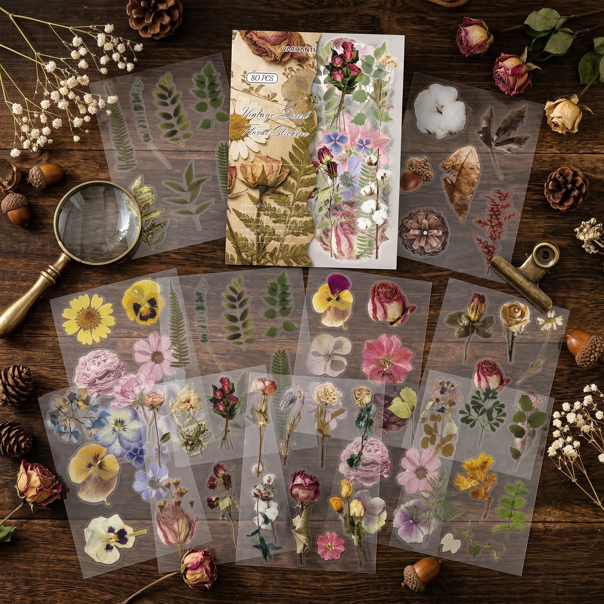Journamm 80pcs PET Patterns Stickers Transparent Flower Plant Stickers Hand Made Decorative Junk Journal  Scrapbook Supplies