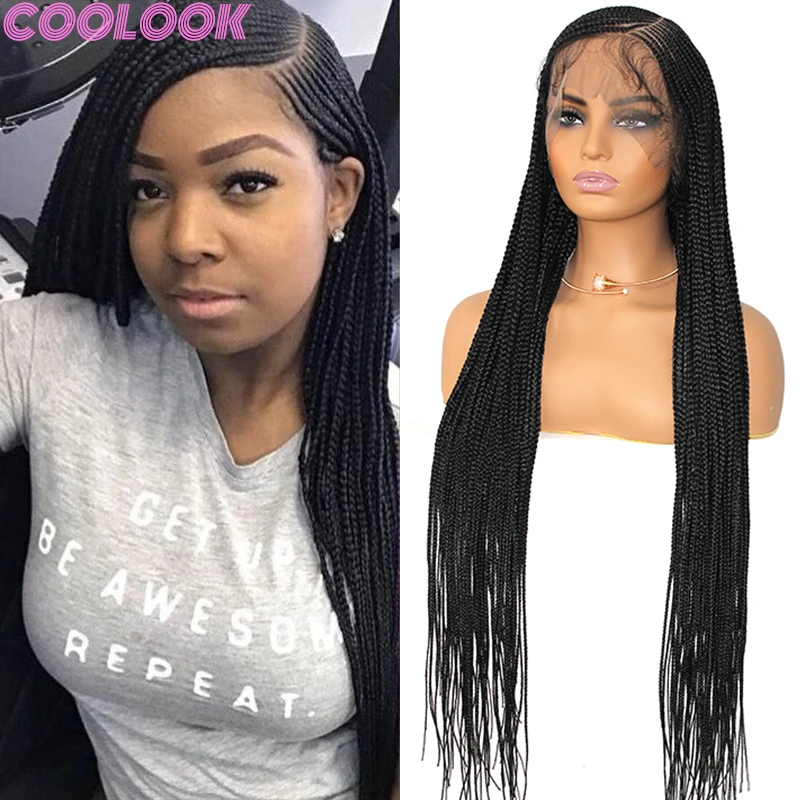 Synthetic Black Full Lace Braided Wig 36'' Distressed Silky Side Part Braids Wig Knotless Lace Frontal Braid Wigs with Baby Hair