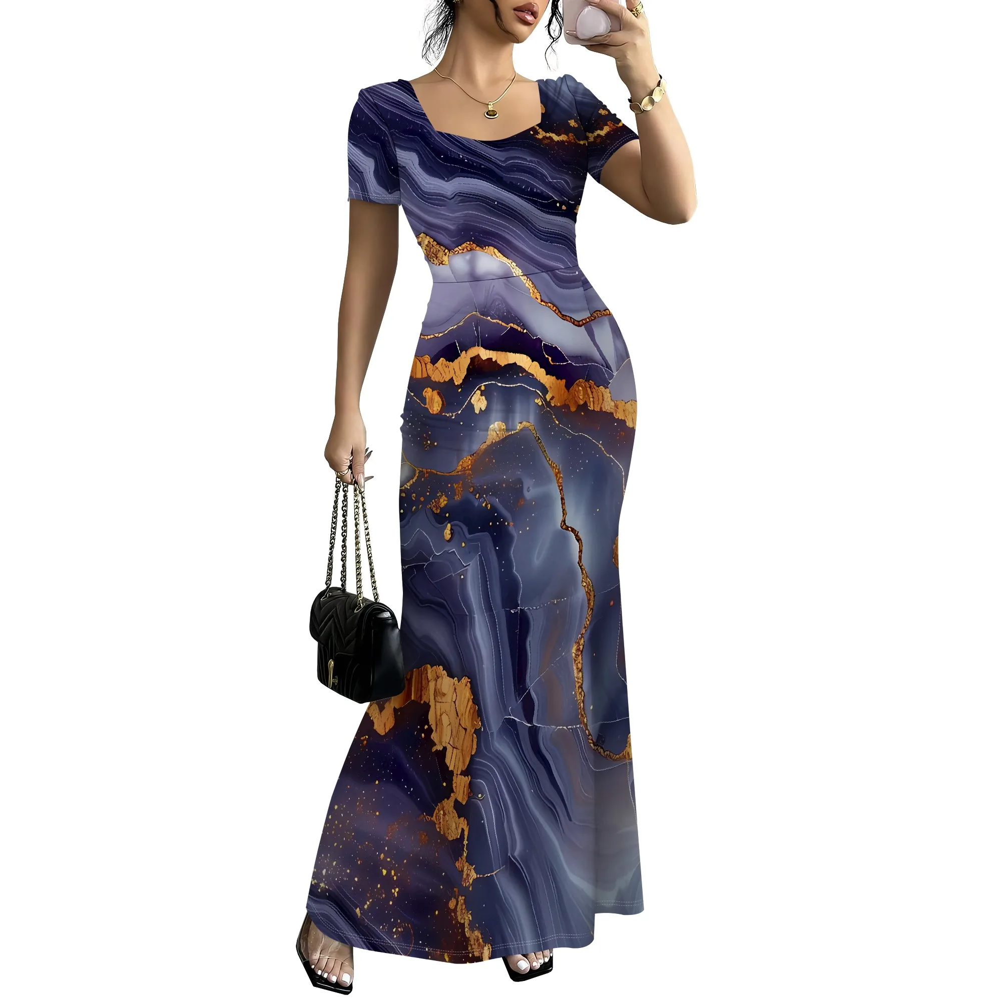 EQQZD ชุดเดรสหางนางเงือกคอเหลี่ยมแขนสั้น, ชุดเดรสแม็กซี่เดรสเข้ารูปพิมพ์ลายหินอ่อนสไตล์โมเดิร์นสําหรับผู้หญิง