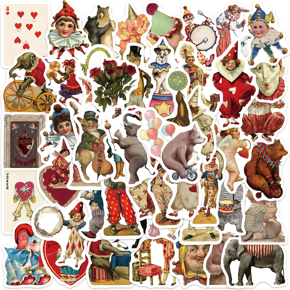 50PCS Vintage Circus Stickers Acrobatics Clown Retro Art Funny Aesthetic Graffiti Decals Scrapbook Laptop Bottle Sticker Gift