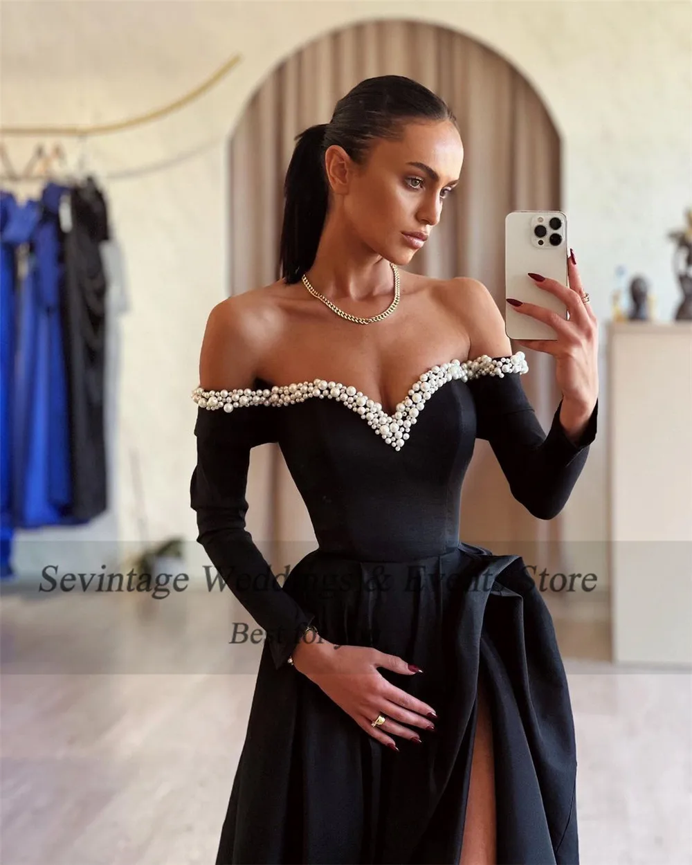 Sevintage personalizado elegante preto vestidos de baile a linha cetim fora do ombro mangas compridas até o chão vestidos de festa