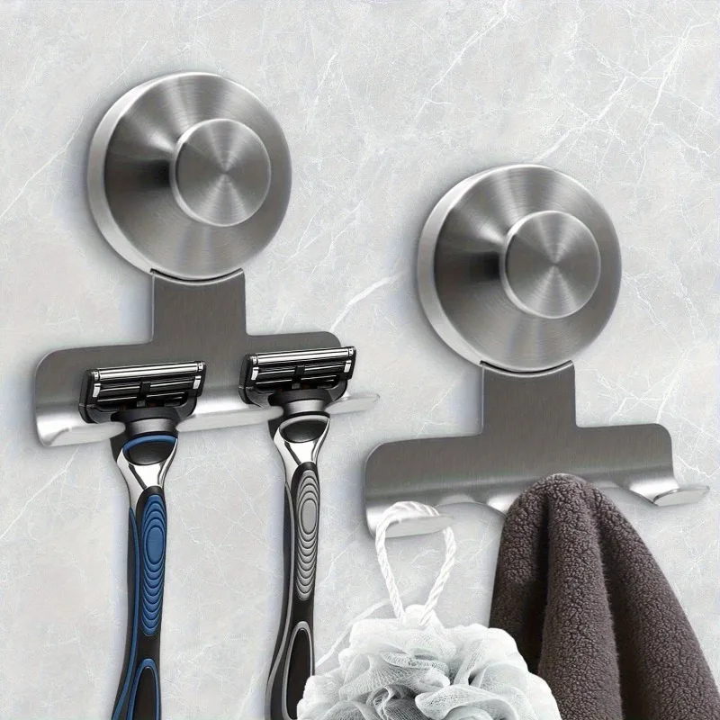 1PC Heavy-Duty Stainless Steel Suction Cup Razor Holder for Shower, Stainless Steel Bathroom Wall Mount Utility Removable Hook.