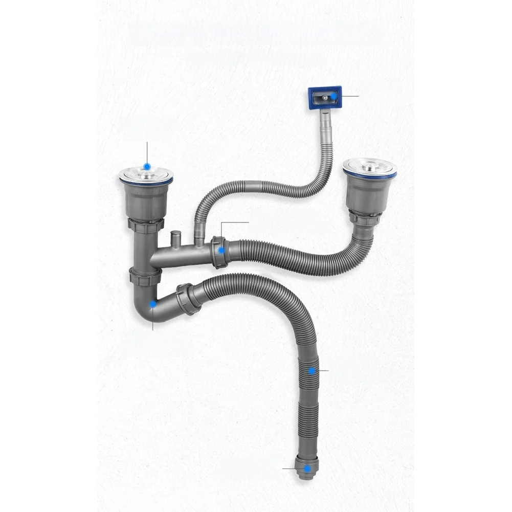 Double Sink Drain Kit with V-Trap Water Seal Stainless Steel Body and Conical Gasket Design for Reliable Drain Performance