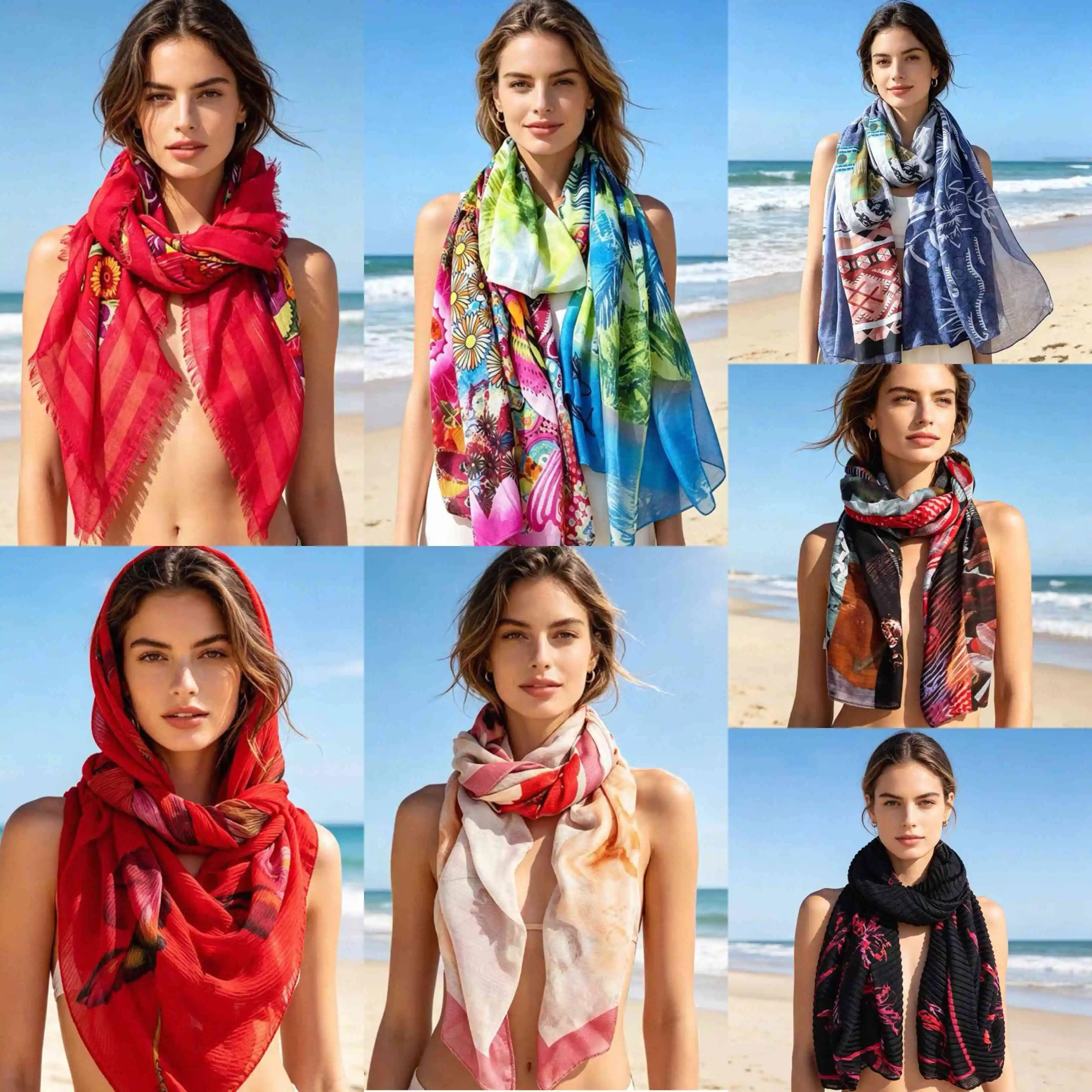 Pañuelo grande estilo bohemio español original con estampado bordado, ideal como protección solar y toalla de playa