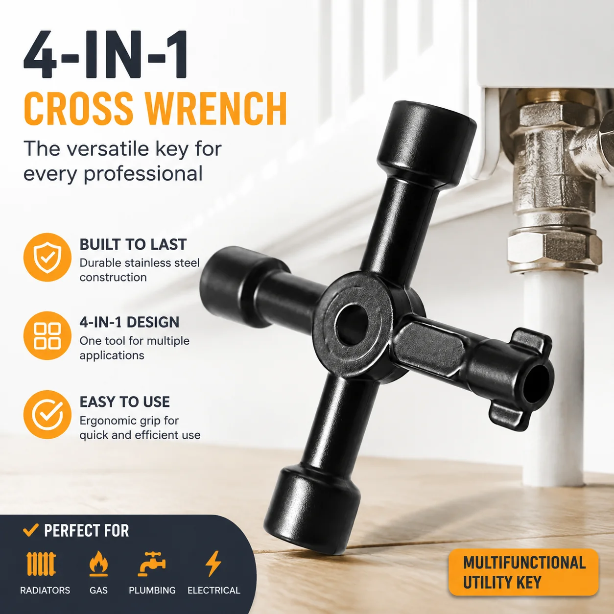 Multifunctional 4-in-1 Cross Wrench Set, Stainless Steel Electrician Plumber Utility Triangle Square Key for Gas Radiator