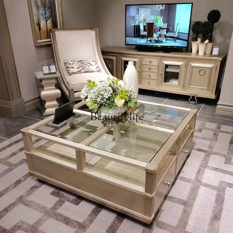 

American light luxury coffee table high-end glass square coffee table home living room