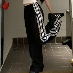 Women's Striped Sports Baggy Sweatpant Lace Patchwork Streetwear Wide Leg Trouser High Waist Plus Size Korean Style Black
