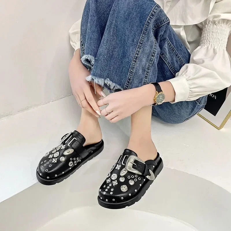 Women Slippers Summer  Platform Rivets Punk Rock Leather Mules Creative Metal Fittings Casual Party Female Outdoor Slides Shoes