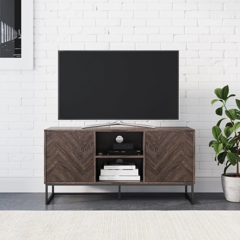 Nathan James Dylan Media Console Cabinet TV Stand with Hidden Storage Herringbone Pattern Wood Metal, Gray/Black