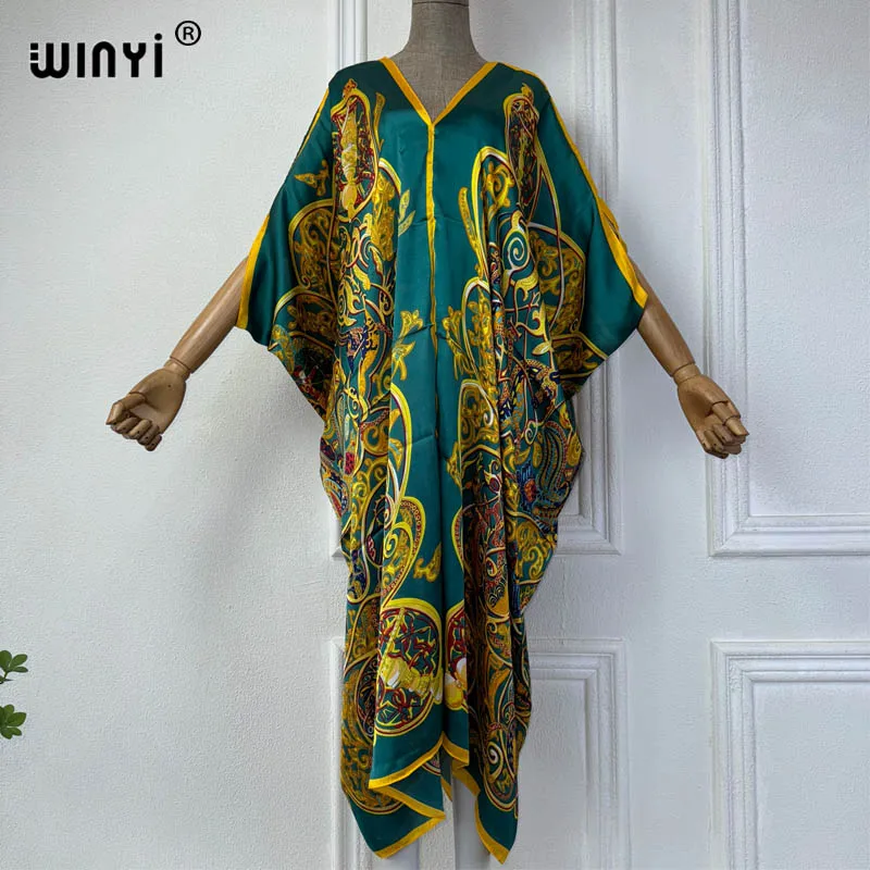 WINYI Summer african v-neck dress Printed beach wear women 2024 Loose Femme Robe Muslim beach cover ups silk feel abito da sera