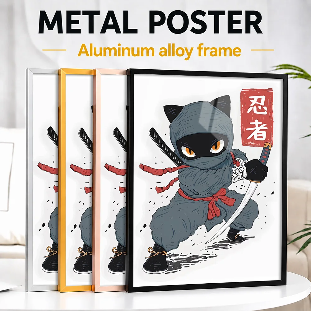 Ninja Cat Cartoon Metal Poster With Aluminum Alloy Frame Personalized Comic Style Wall Art For Cozy Lounge, Animal Lover Gift