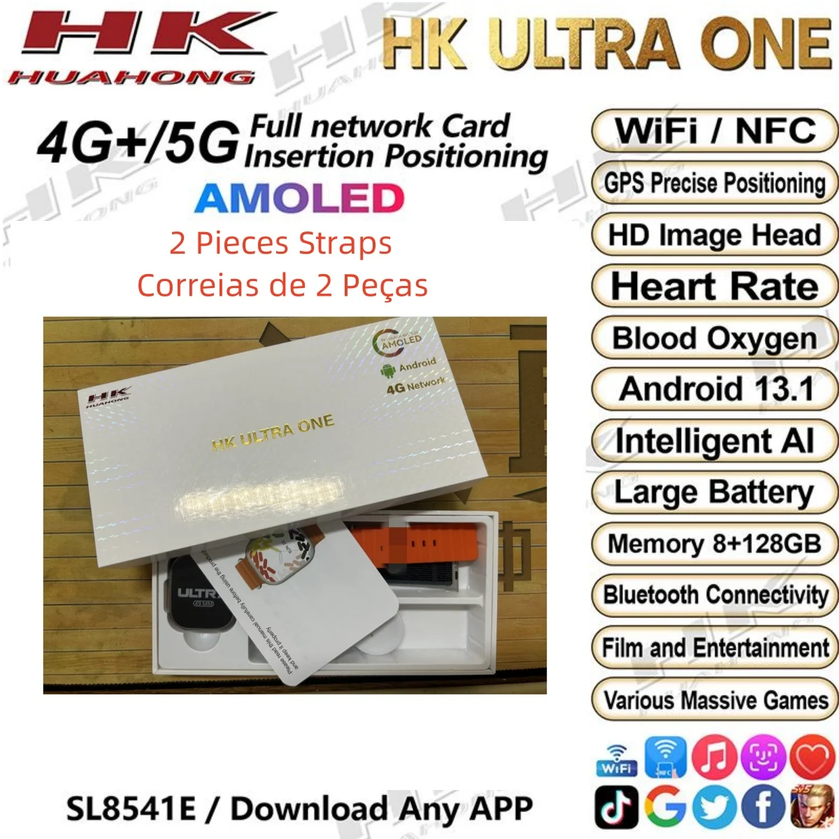 HK Ultra One 4G Smartwatch with Camera 8GB + 128GB Smart Watch Android 12.0 Support 4G/5G SIM Card Wifi GPS Download APP Game