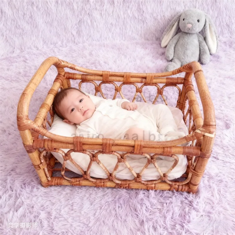 Handmade Retro Rattan Woven Basket Newborn Photography Props Scene Accessories Studio Shooting Assistance Tools for Studio