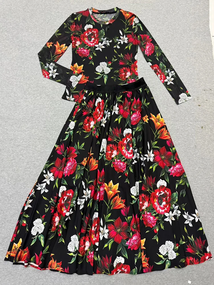 2025 الخريف المرأة الرجعية المطبوعة محبوك شبكة طويلة الأكمام تي شيرت قطعتين مجموعة مرونة الخصر فضفاض نصف تنورة مجموعة الموضة