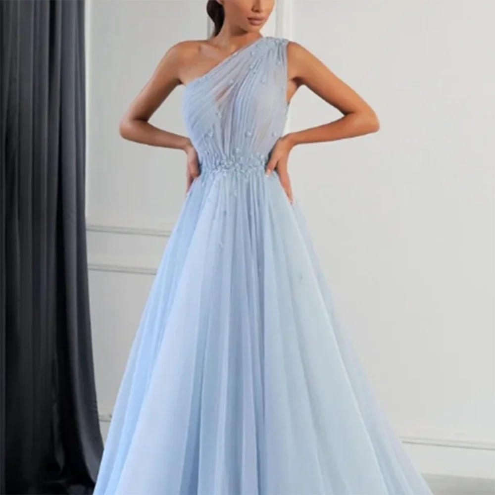 Summer Simple Light Blue Evening Dress One Shoulder A-Line Floor Length Fairy Sexy Pretty Elegant Prom Party Vestidos De Fiesta